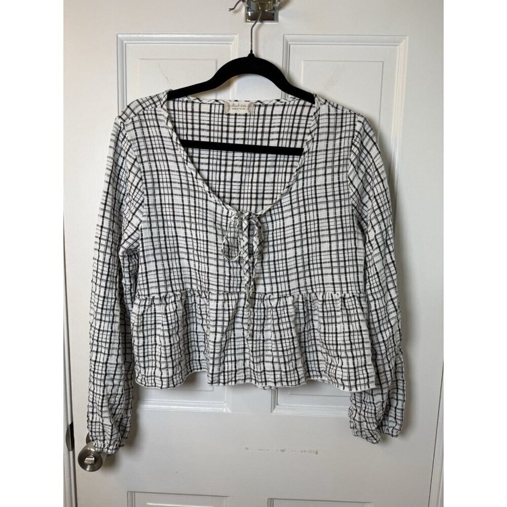 Altar’d State Shirt Cream Blue Plaid Crop Top Balloon Sleeves Size Large USA